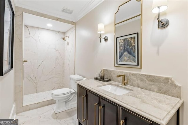 full bathroom featuring marble finish floor, crown molding, a marble finish shower, toilet, and vanity