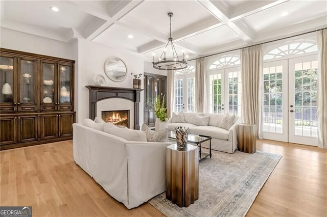 living area featuring light wood finished floors, plenty of natural light, and french doors