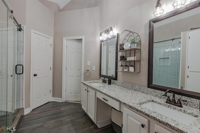 bathroom featuring wood finished floors, a sink, and a shower stall