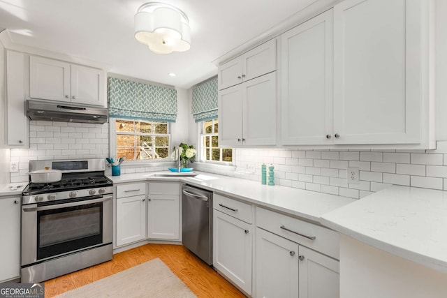 kitchen featuring stainless steel appliances, backsplash, light wood-style floors, a sink, and under cabinet range hood