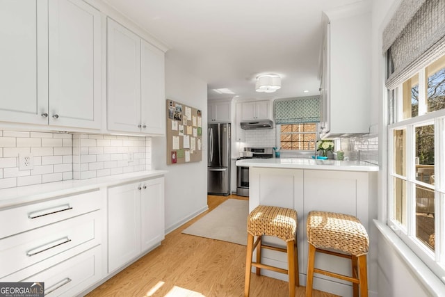 kitchen with a healthy amount of sunlight, light wood-style flooring, stainless steel appliances, and light countertops