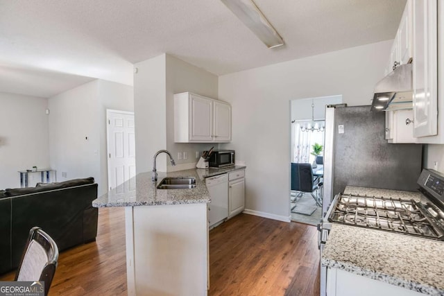 kitchen with stainless steel appliances, a peninsula, a sink, exhaust hood, and open floor plan