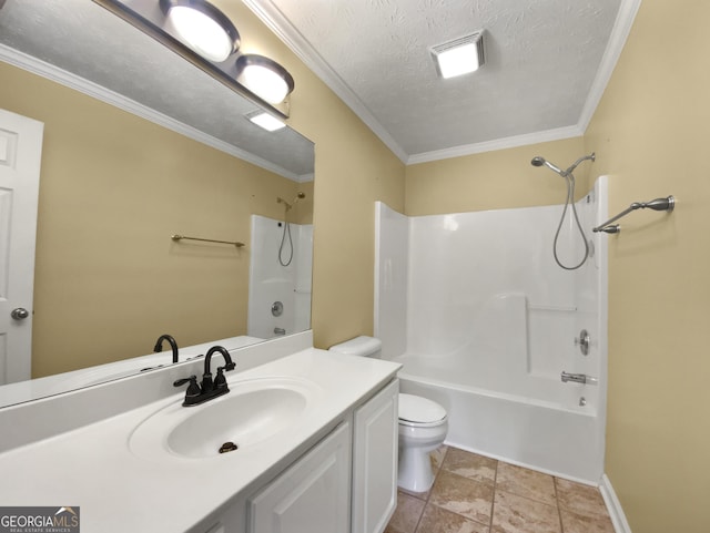 full bath featuring crown molding, toilet, washtub / shower combination, a textured ceiling, and vanity