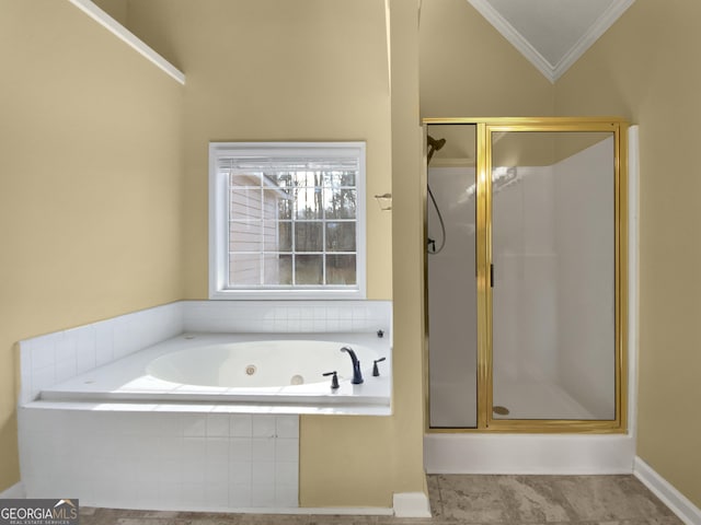 full bathroom featuring lofted ceiling, a shower stall, a tub with jets, and crown molding