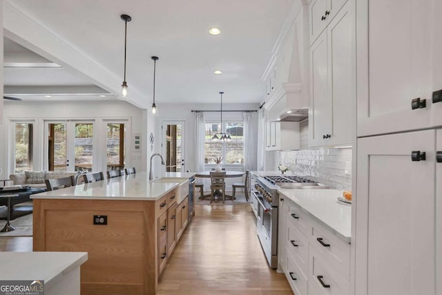 kitchen with decorative backsplash, light wood-style floors, a sink, high end stove, and premium range hood