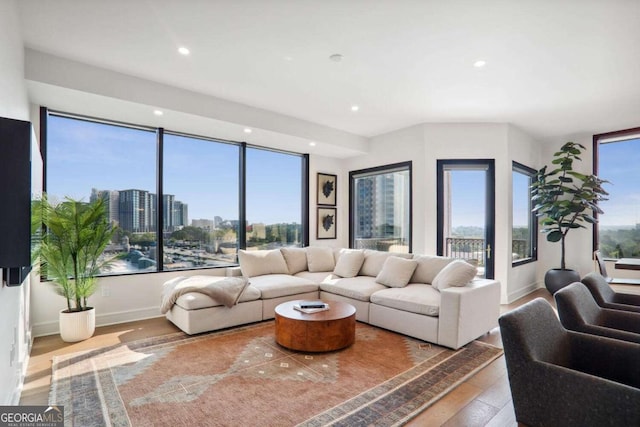 living area featuring a healthy amount of sunlight, recessed lighting, wood finished floors, and a city view