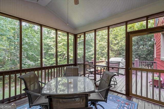 1190 Cobblestone Ln, Bogart, GA 30622 - sunroom / solarium featuring outdoor dining space, lofted ceiling, and ceiling fan