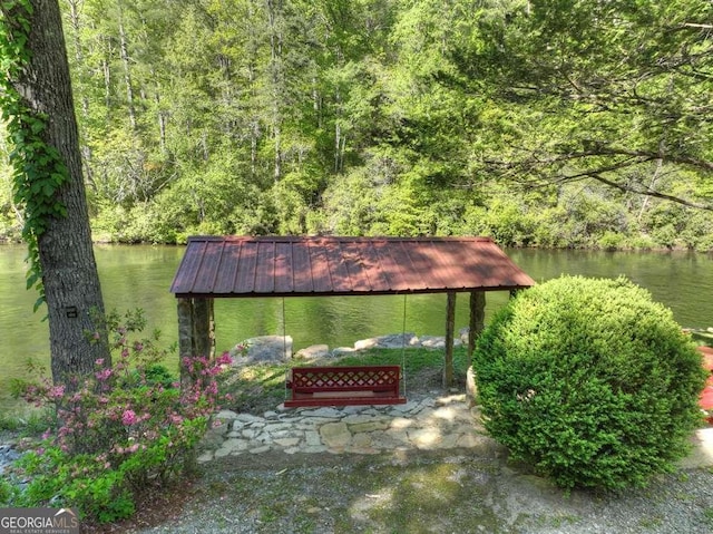 view of home's community with a water view and a view of trees