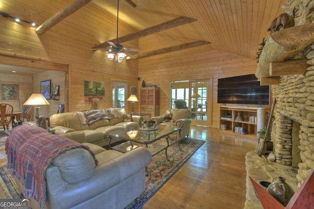 living room with wooden ceiling, wooden walls, and wood finished floors