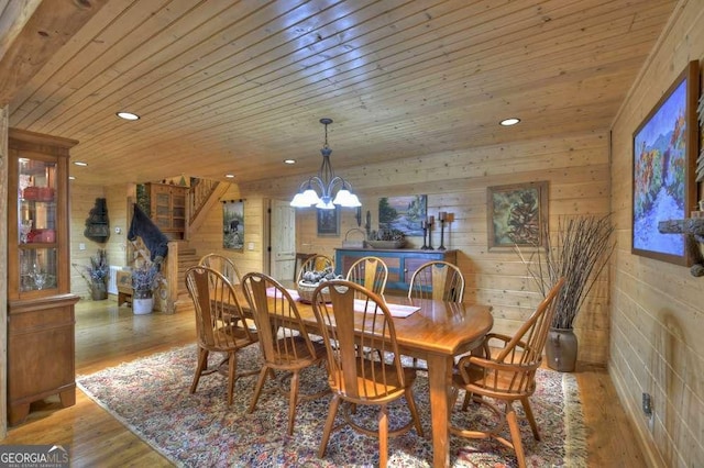 dining area featuring wooden ceiling, a chandelier, wood finished floors, and recessed lighting