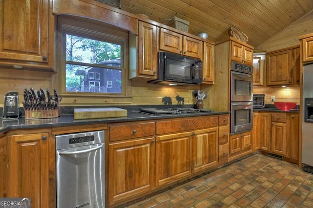 kitchen featuring stainless steel appliances, dark countertops, wood ceiling, and brown cabinetry