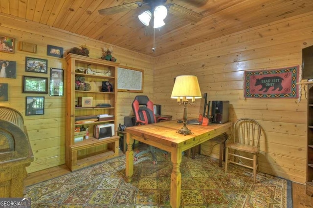 office with wood walls, wood ceiling, and a ceiling fan