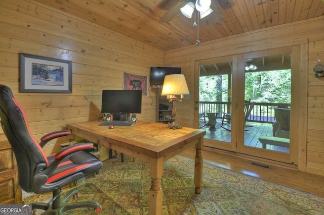 office with wood walls, wood ceiling, and visible vents