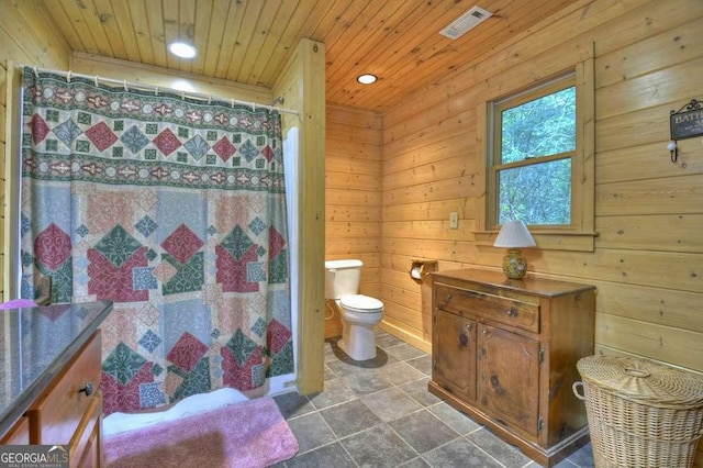 bathroom featuring toilet, wooden ceiling, wooden walls, and vanity