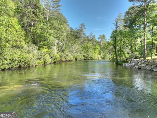 view of water feature featuring a forest view