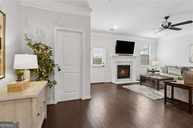 living area with ceiling fan, dark wood-type flooring, a fireplace with flush hearth, and crown molding