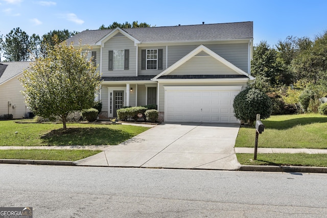 traditional home featuring a garage, concrete driveway, a shingled roof, and a front lawn