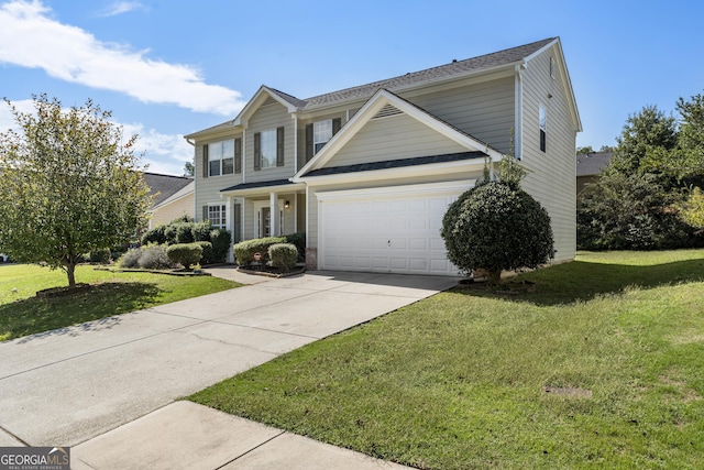 traditional-style home featuring a garage, a front yard, and driveway