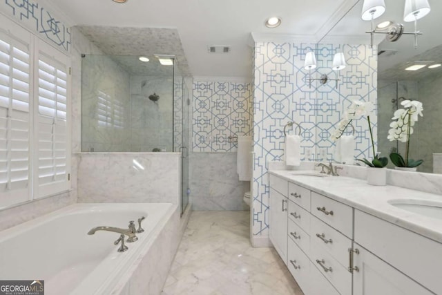 full bathroom with visible vents, tile walls, a shower stall, and crown molding