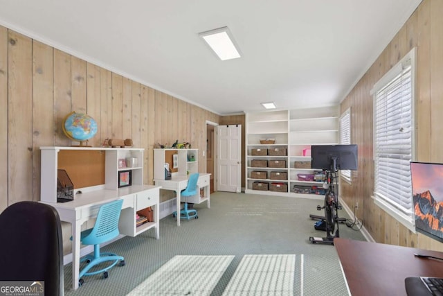 office featuring carpet, wood walls, and crown molding