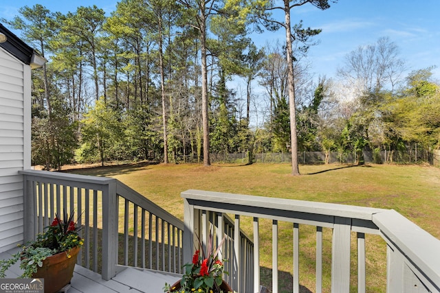 wooden deck with a lawn and fence private yard