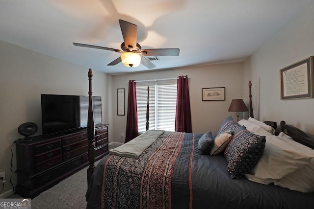 bedroom with visible vents, ceiling fan, and carpet floors