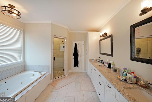 bathroom with a shower stall, a jetted tub, crown molding, tile patterned floors, and a sink