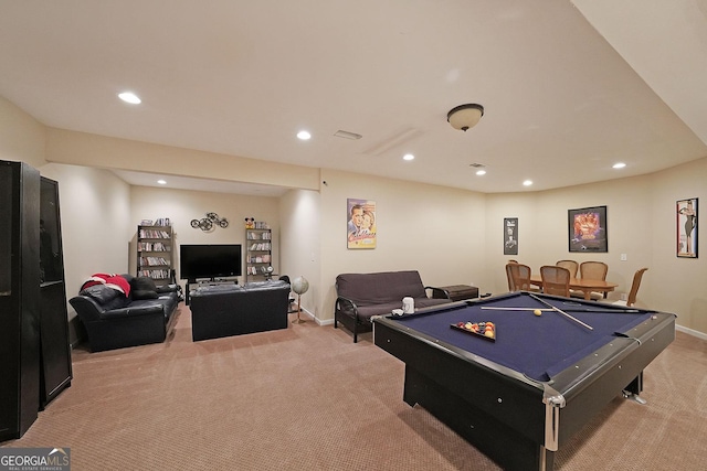 game room with light carpet, recessed lighting, and baseboards