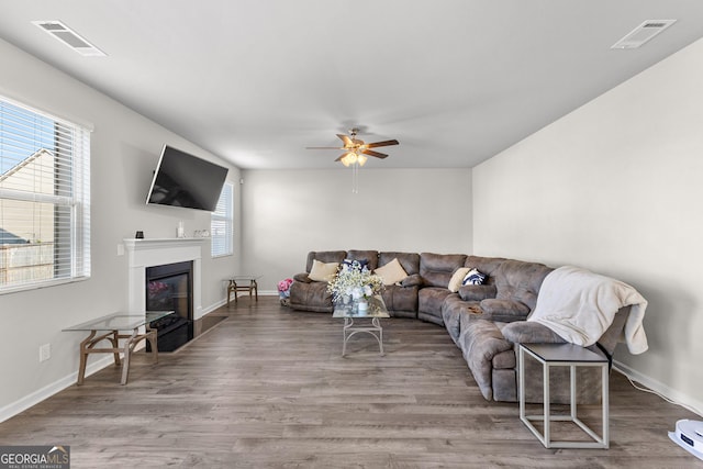 living area with a glass covered fireplace, visible vents, ceiling fan, and wood finished floors