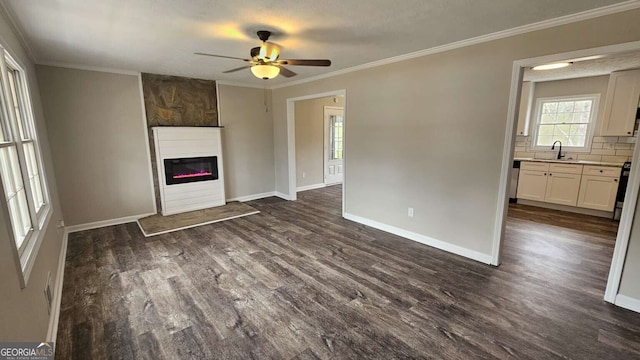 unfurnished living room with a large fireplace, ornamental molding, dark wood finished floors, and baseboards