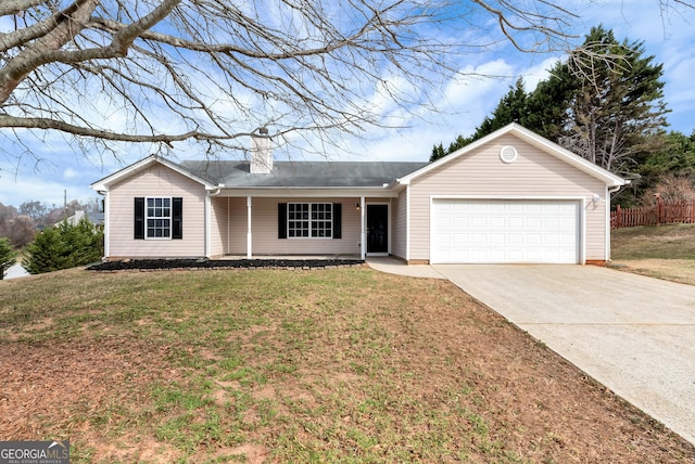 single story home with a chimney, concrete driveway, an attached garage, a front yard, and fence