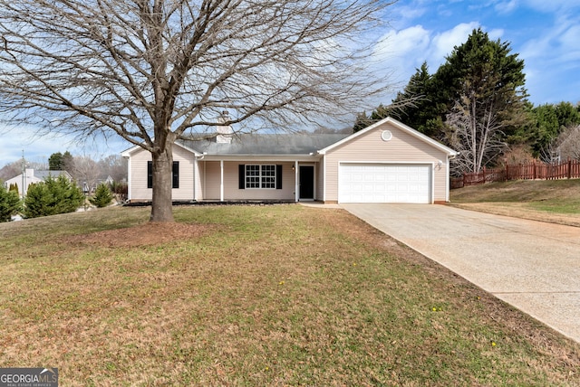 single story home with an attached garage, fence, driveway, and a front lawn