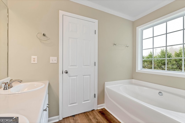 full bathroom featuring a garden tub, wood finished floors, a sink, baseboards, and ornamental molding