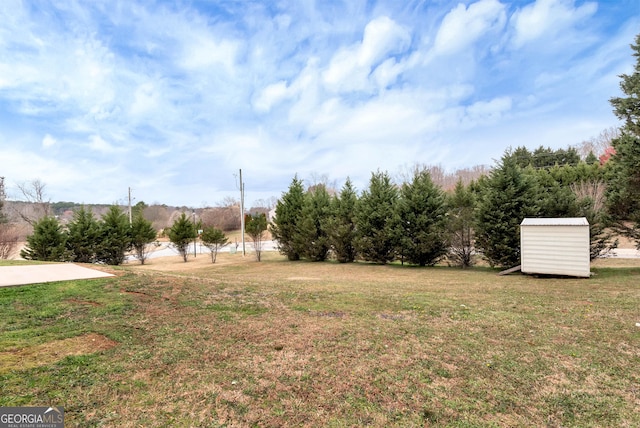 view of yard featuring an outbuilding and a storage unit