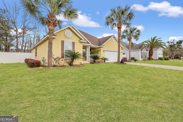 ranch-style home featuring a garage, a front yard, fence, and stucco siding