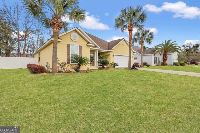 ranch-style house with driveway, stucco siding, a front yard, fence, and a garage