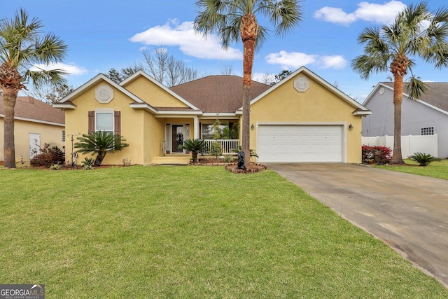 ranch-style house with a garage, fence, concrete driveway, stucco siding, and a front yard