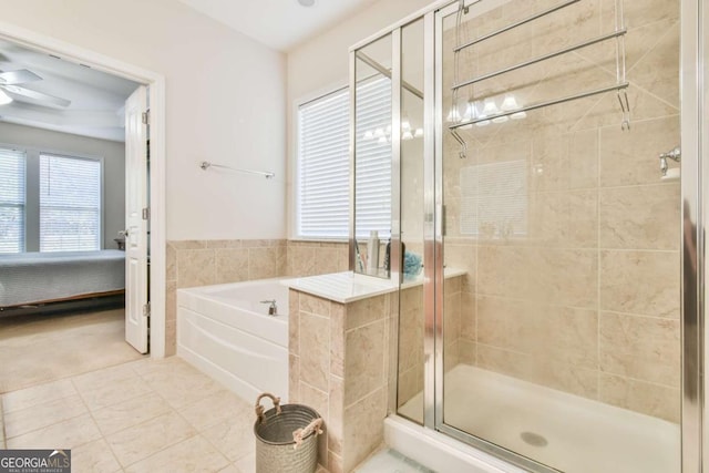 ensuite bathroom featuring a ceiling fan, a stall shower, connected bathroom, tile patterned flooring, and a bath