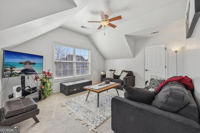 living room featuring ceiling fan, visible vents, vaulted ceiling, and carpet flooring