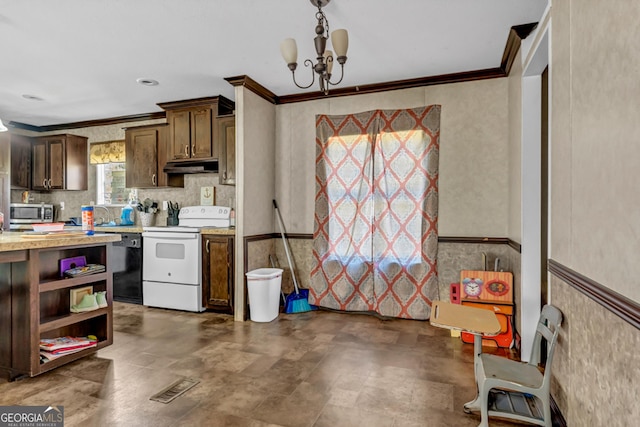 378 Temple Terrace Cir, Cairo, GA 39828 - kitchen featuring white electric stove, open shelves, light countertops, dark brown cabinetry, and under cabinet range hood