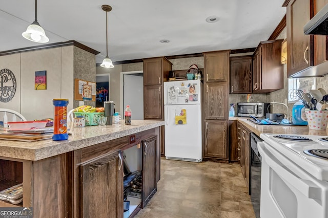 378 Temple Terrace Cir, Cairo, GA 39828 - kitchen featuring hanging light fixtures, a kitchen island, dark brown cabinetry, white appliances, and extractor fan