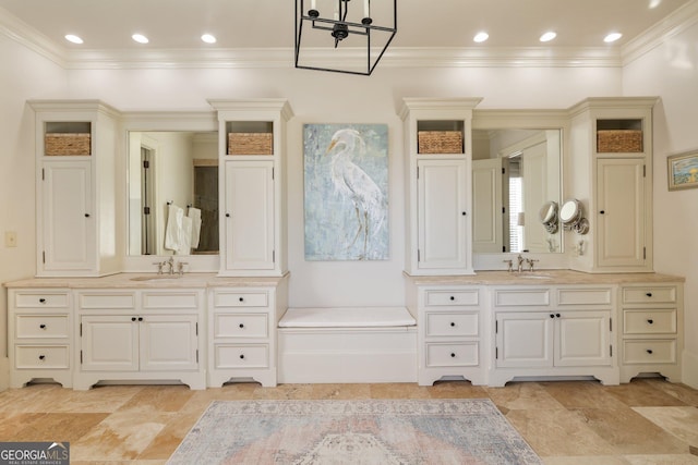 full bathroom featuring crown molding, two vanities, recessed lighting, and a sink