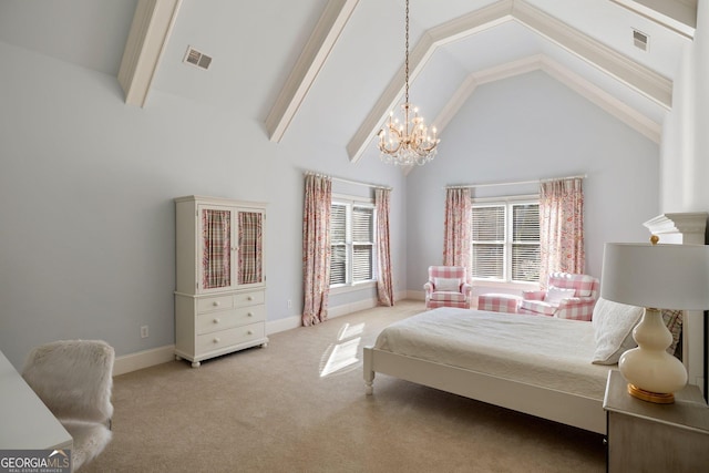 bedroom with visible vents, carpet floors, high vaulted ceiling, and a chandelier