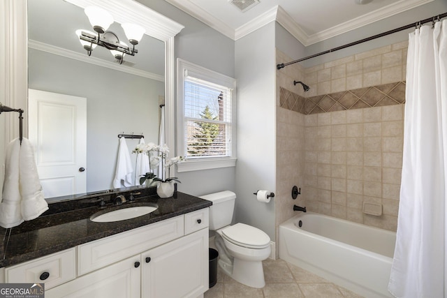 bathroom featuring tile patterned flooring, crown molding, toilet, and visible vents