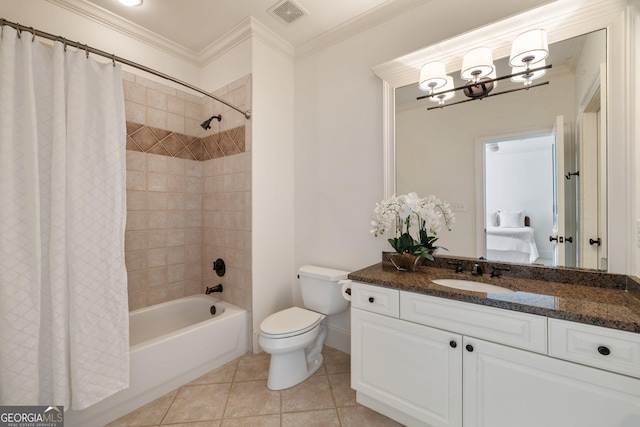 ensuite bathroom with vanity, visible vents, crown molding, toilet, and tile patterned floors