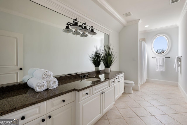 full bathroom featuring visible vents, crown molding, toilet, tile patterned floors, and vanity