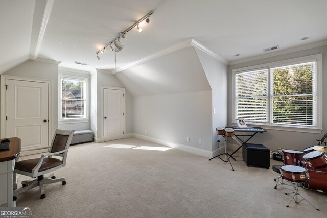 carpeted office space with a wealth of natural light, visible vents, and ornamental molding