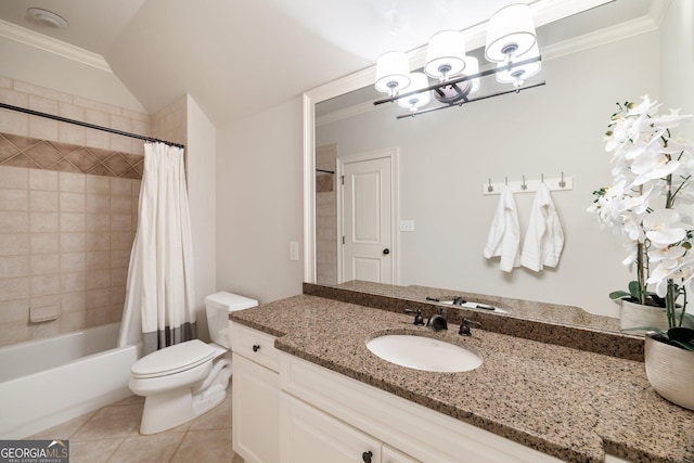 full bath with tile patterned floors, vanity, toilet, and crown molding