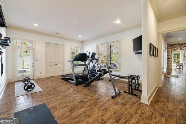 exercise area with crown molding, a healthy amount of sunlight, baseboards, and wood-type flooring