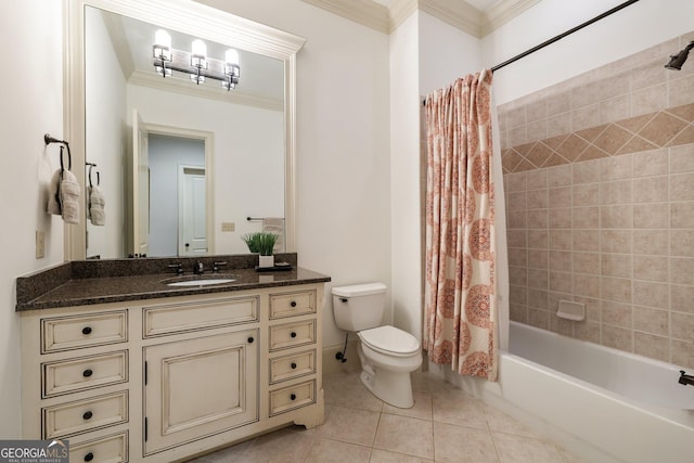 bathroom featuring crown molding, toilet, tile patterned floors, vanity, and shower / bathtub combination with curtain